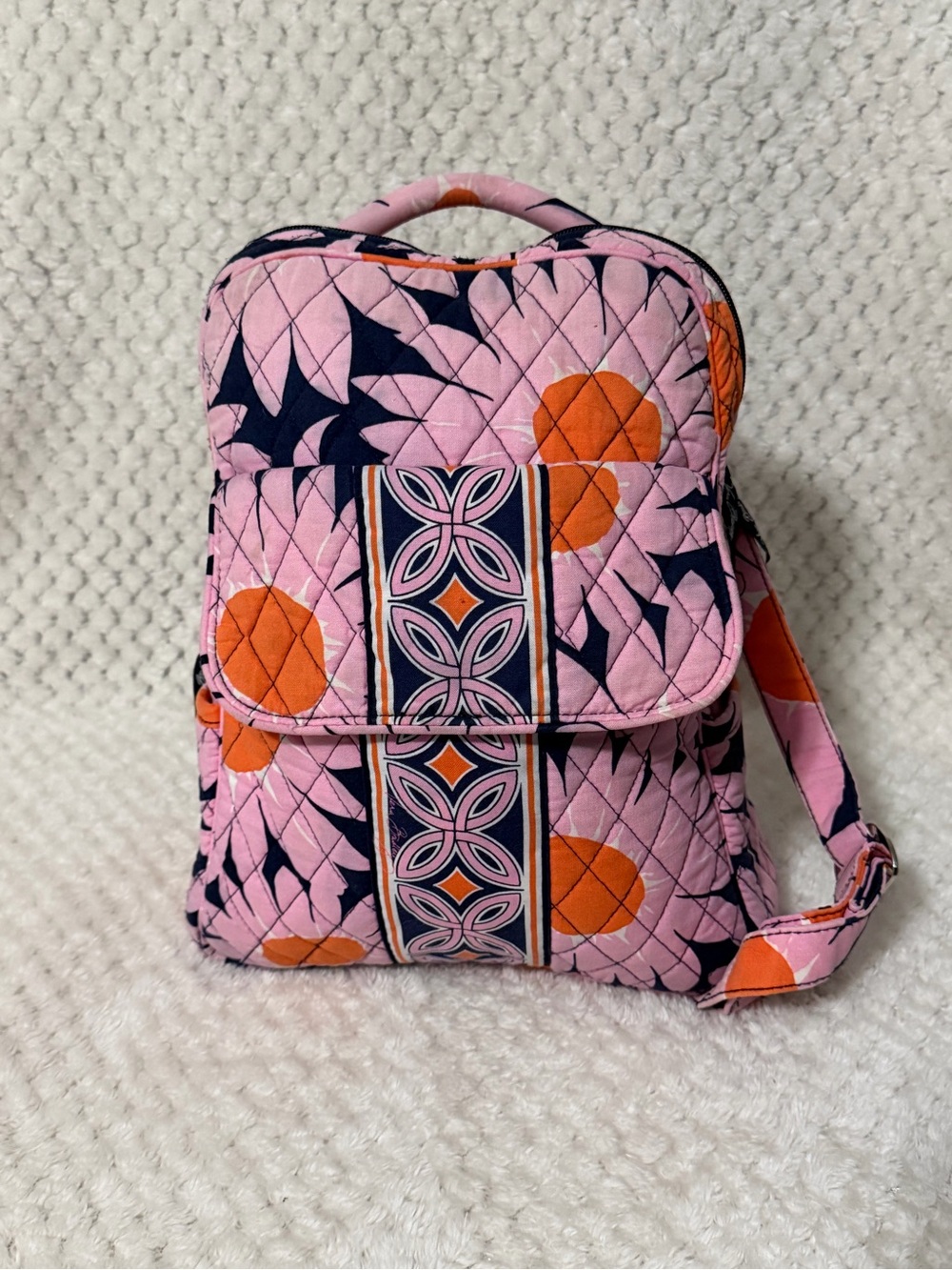 Vera Bradley Pink Quilted Backpack with Orange and Navy Motifs